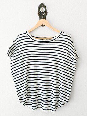 Dylan Anthropologie Striped Boxy Tee Womens Small Black White Raw Hem Oversized